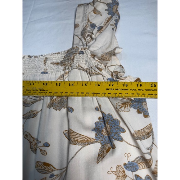 Wonderly Floral Smocked Square Neck Midi Dress Cream Blue Tan Flutter Sleeve M - Picture 6 of 7